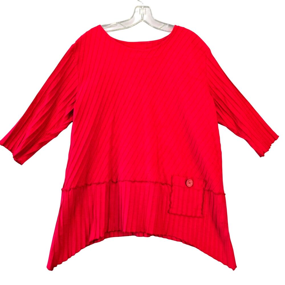 Focus Red Textured Rib Knit Shirt 3/4 Sleeves Scoop Neck Tee Top Women's Size L
